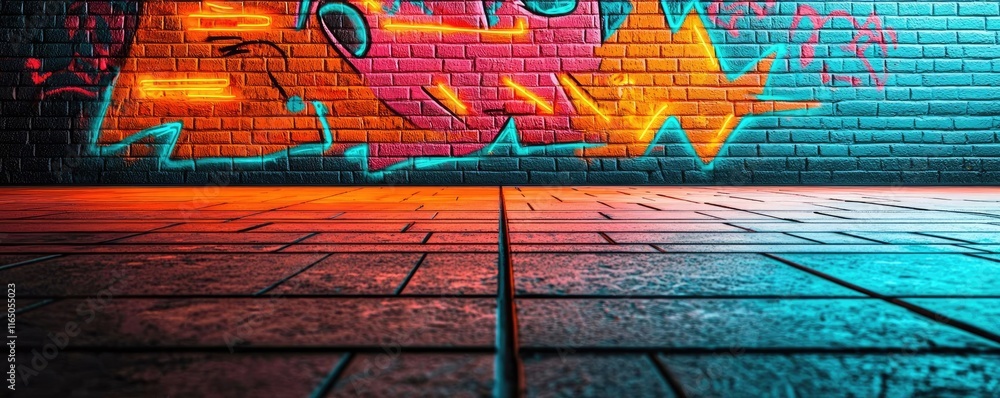 Fototapeta premium Graffiti abstract background concept. Vibrant graffiti art on a brick wall, showcasing bold colors and urban creativity.