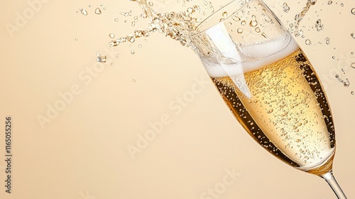 Sparkling Champagne in Flute Glass with Bubbles and Splash Against Neutral Background