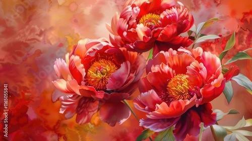 Wallpaper Mural A vibrant depiction of three blooming peonies against a colorful background. Torontodigital.ca