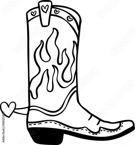 Retro Cowboy Valentine Boot Fire doodle outline