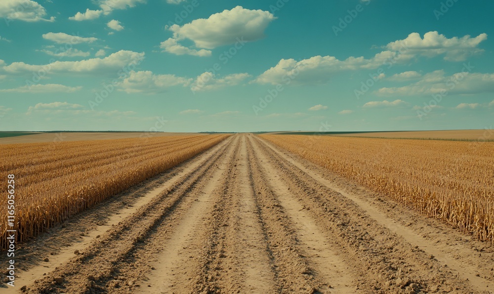 Dirt road through golden wheat field under a blue sky with fluffy clouds. Dirt road through golden wheat field under a blue sky with fluffy clouds.