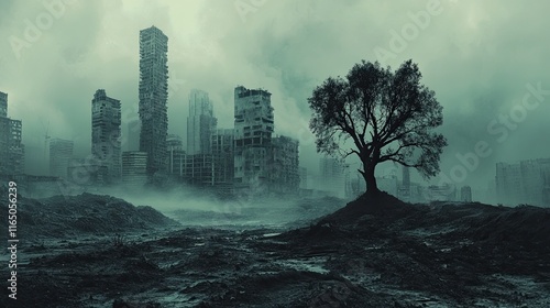 A bleak, dystopian landscape with a surreal background, symbolizing the devastating consequences of unchecked environmental destruction, illustrating a future shaped by climate change, extinctio photo