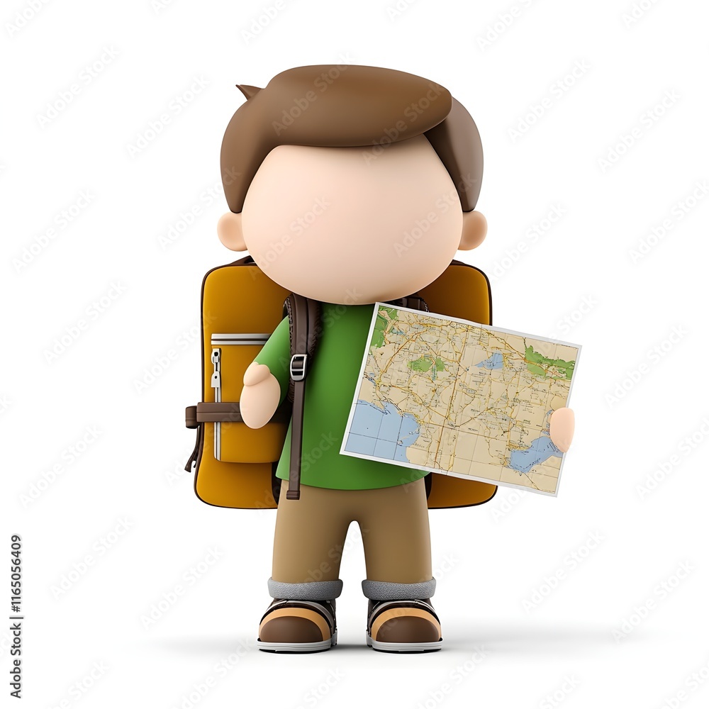Fototapeta premium Young boy is holding a map and a backpack