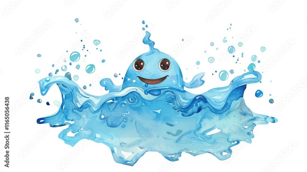 Fototapeta premium A cheerful blue water character splashes joyfully in a vibrant, animated style.