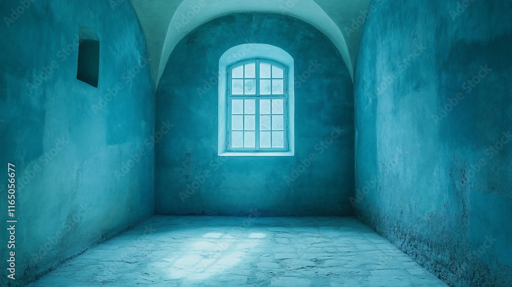 Fototapeta premium Empty blue room with arched window.