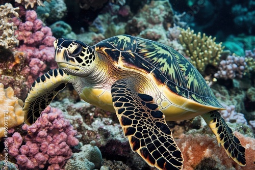Underwater Turtle Exploring Vibrant Coral Reef in Tropical Waters During Mid-Afternoon Light