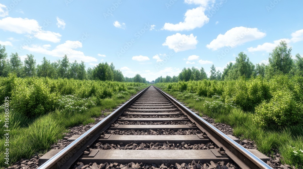 Fototapeta premium A railway track stretches into the distance through a green landscape.