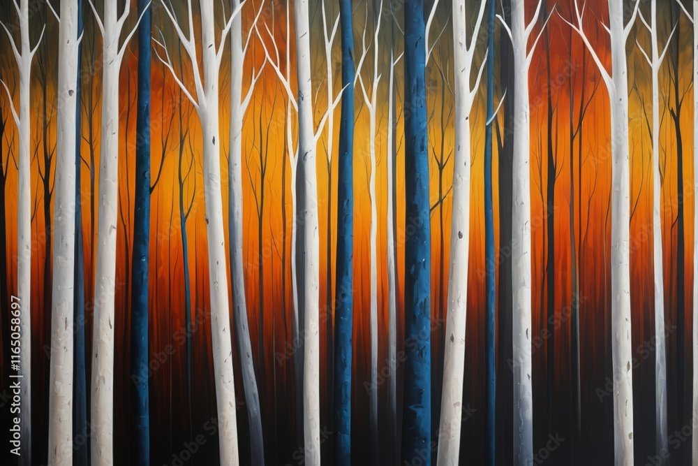 painting of a forest with a sunset in the background painting of a forest with a sunset in the background