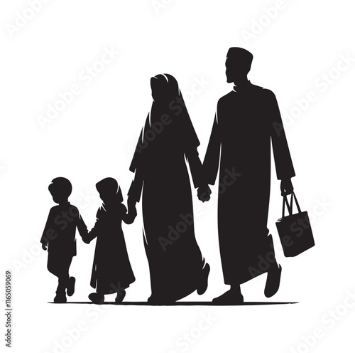 muslim family walking silhouette vector illustration