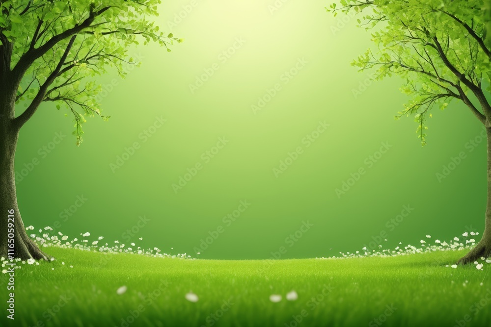 a green background with two trees and white flowers a green background with two trees and white flowers
