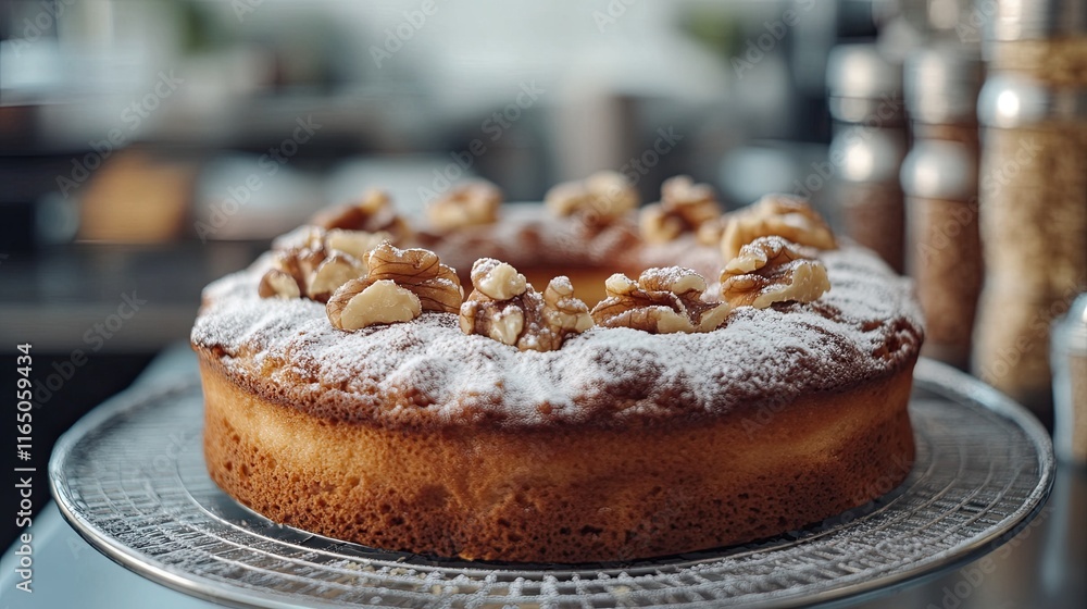 A cake with a hole, covered in powdered sugar and topped with nuts, is displayed in a kitchen. A cake with a hole, covered in powdered sugar and topped with nuts, is displayed in a kitchen.