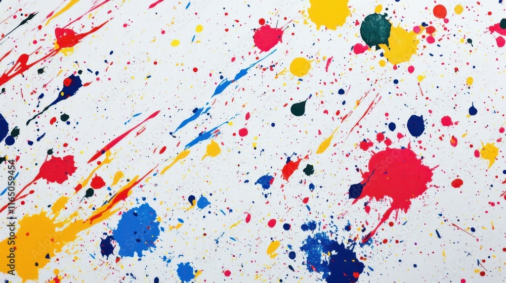 vibrant abstract background with splattered paint effects in bright primary colors, scattered chaotically across a white canvas. The playful messiness adds a sense of spontaneity and creativity