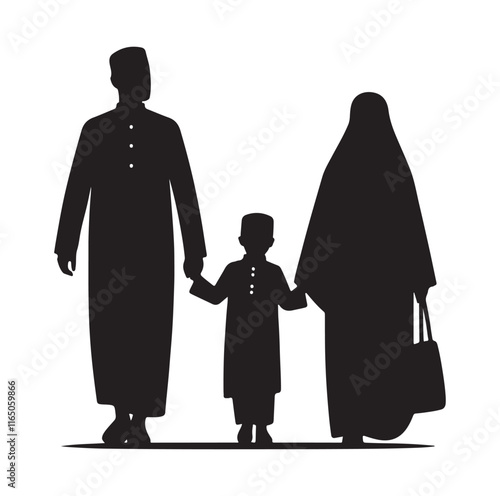 muslim family walking silhouette vector illustration