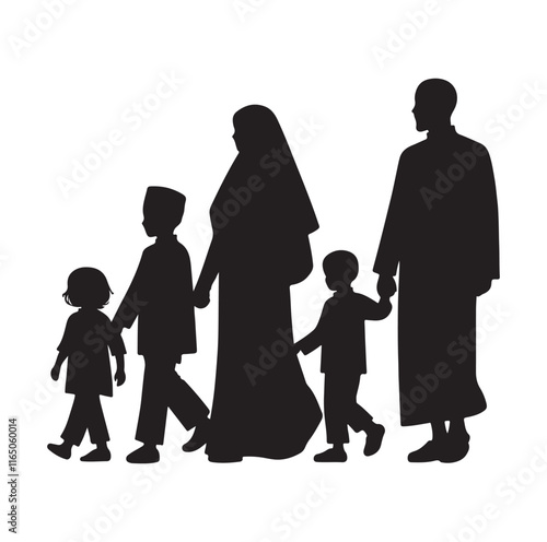 muslim family walking silhouette vector illustration