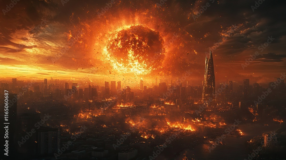 A city-sized meteor impacting Earth, triggering a mass extinction event, depicting the catastrophic forces of space debris colliding with Earth, causing widespread destruction, fires, and global A city-sized meteor impacting Earth, triggering a mass extinction event, depicting the catastrophic forces of space debris colliding with Earth, causing widespread destruction, fires, and global
