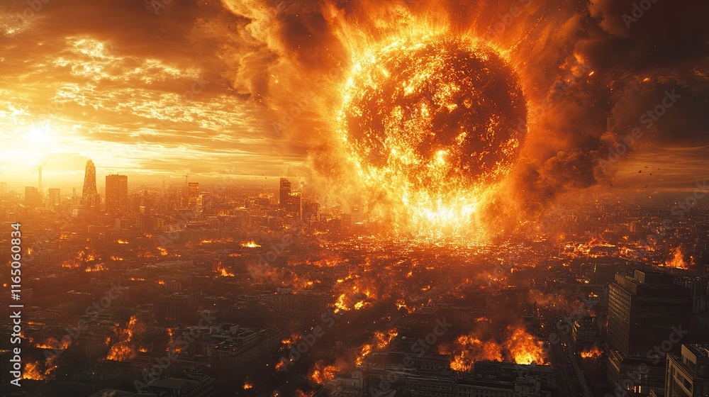 A city-sized meteor impacting Earth, triggering a mass extinction event, depicting the catastrophic forces of space debris colliding with Earth, causing widespread destruction, fires, and globa A city-sized meteor impacting Earth, triggering a mass extinction event, depicting the catastrophic forces of space debris colliding with Earth, causing widespread destruction, fires, and globa