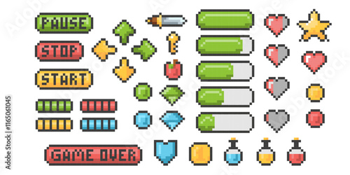 Retro games, gaming paraphernalia. Pixel art, game buttons and icons.