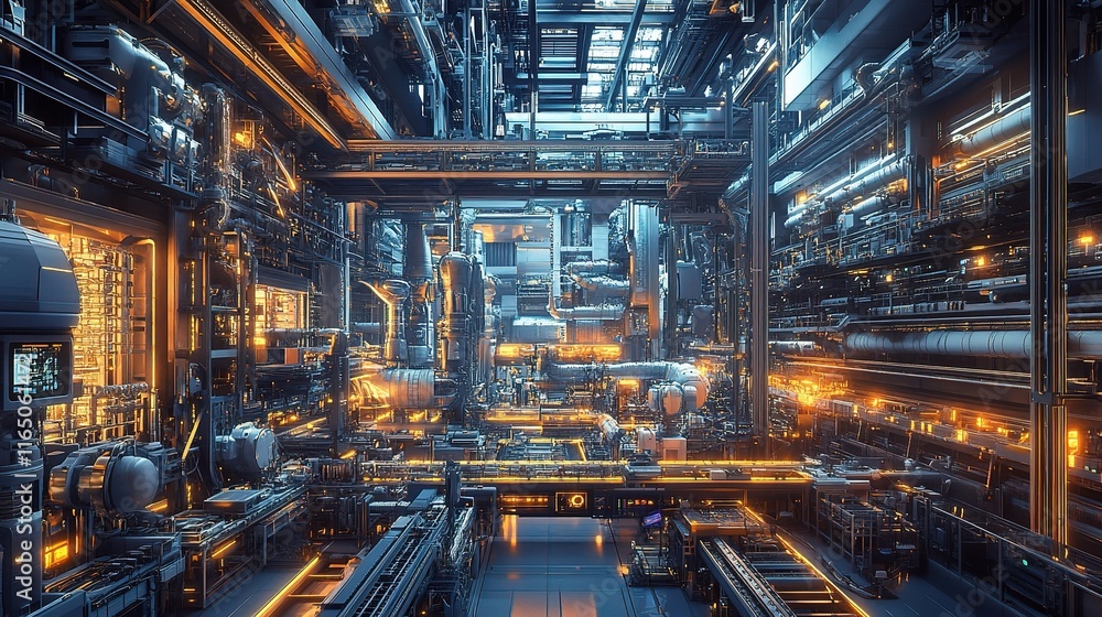 Fototapeta premium Futuristic 3D Rendering of a High-Tech Factory with Assembly Lines