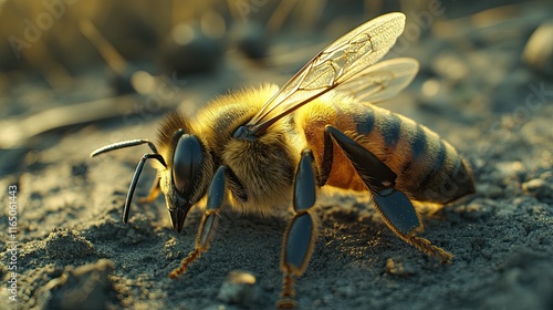 A close-up of a dead honeybee on the ground, symbolizing the environmental crisis, the decline of pollinators, and the broader consequences of habitat destruction, pesticide use, and climate change. photo