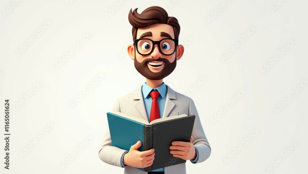 Smiling cartoon librarian with a book and blue folder, showcasing friendliness and knowledge, great for academic themes. Smiling cartoon librarian with a book and blue folder, showcasing friendliness and knowledge, great for academic themes.