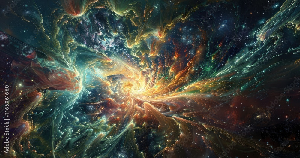 A vibrant cosmic scene depicting swirling galaxies and nebulae in a colorful universe. A vibrant cosmic scene depicting swirling galaxies and nebulae in a colorful universe.