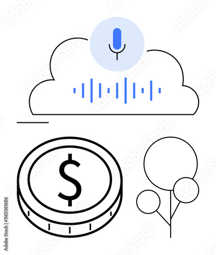 Digital microphone in cloud with sound waves, coin icon with dollar sign, and abstract tree. Ideal for finance, tech innovation, sustainability, cloud storage, economy, communication abstract line
