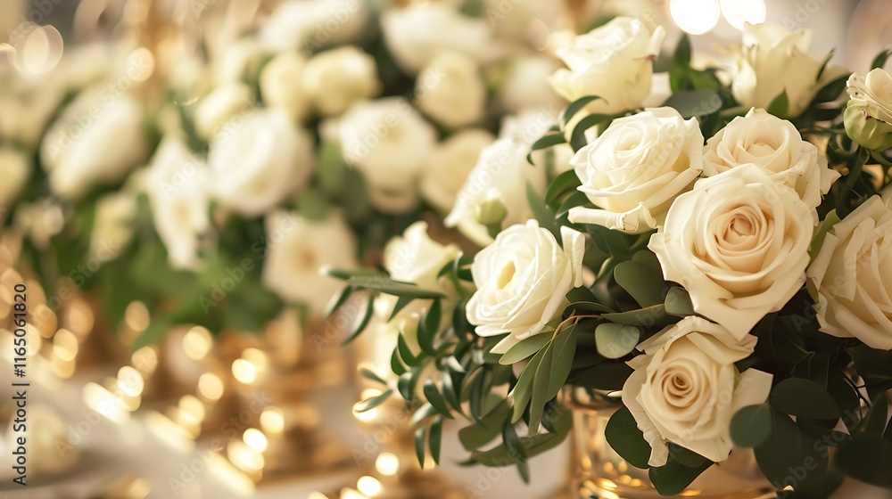 White roses and greenery arranged in gold vases on a long dining table.