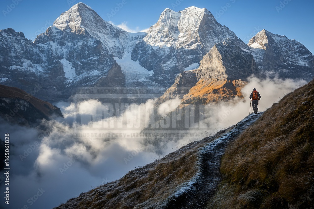 Fototapeta premium Hiker on mountain trail above clouds, snowy peaks.