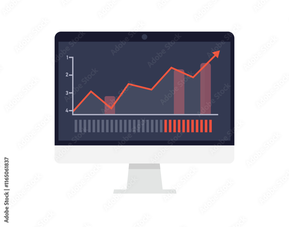 Web analytic information on Computer screen flat icon. trend graphs report concept. statistic charts for planning and accounting, analysis, audit,
