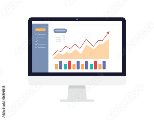 Web analytic information on Computer screen flat icon. trend graphs report concept. statistic charts for planning and accounting, analysis, audit,