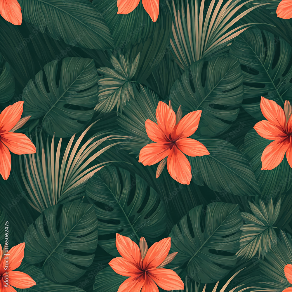 Seamless Floral Pattern with Tropical Leaves Seamless Floral Pattern with Tropical Leaves