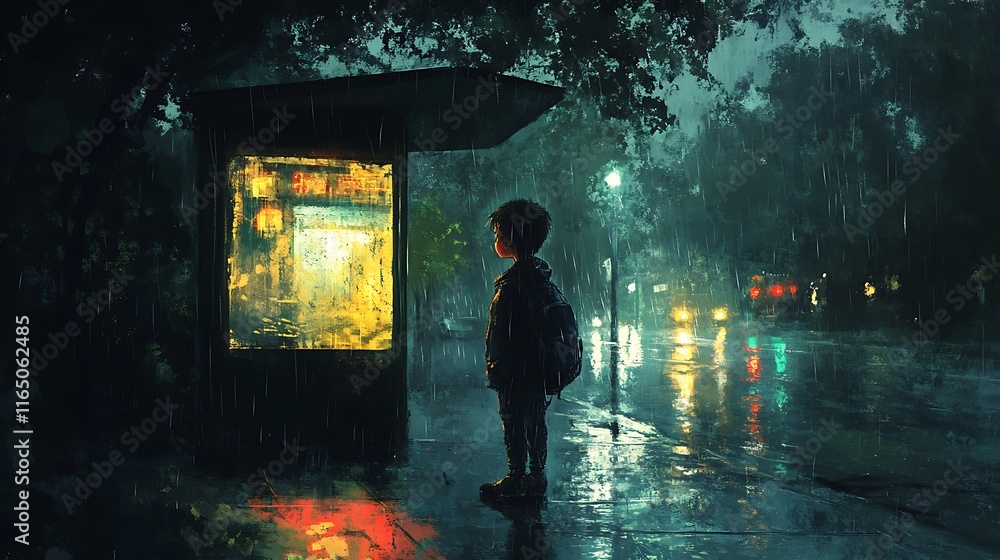 Fototapeta premium A young boy standing at a bus stop in the rain, his face streaked with tears, clutching a small backpack, the soft glow of distant streetlights heightening the sense of abandonment and sadness.