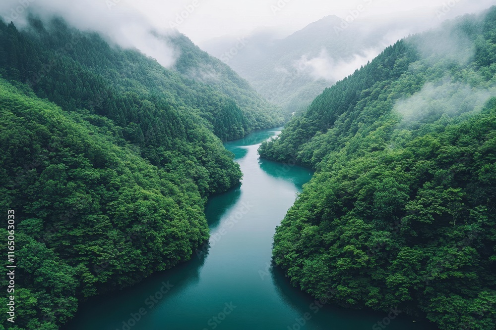Lush Green Mountains and Winding River Under Cloudy Sky in a Serene Landscape Lush Green Mountains and Winding River Under Cloudy Sky in a Serene Landscape