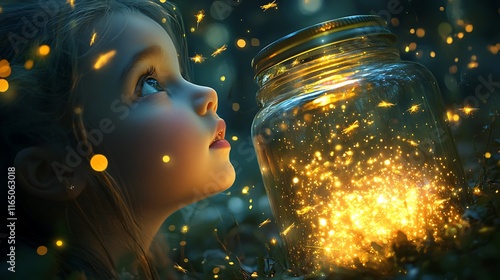 A young girl gazing up at a glowing jar filled with fireflies, her eyes wide with awe and wonder, the soft glow illuminating her face, with a backdrop of a starlit forest. --ar 16:9 photo