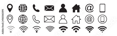 Collection of Connect Icons. Contact us icon set. Smartphone ringing. Phone sign. Name, phone, mobile, place, location, mail, website and message card sign. Vector illustration eps 10