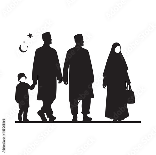 muslim family walking silhouette vector illustration