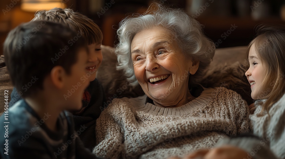 An elderly woman laughing wholeheartedly while surrounded by her grandchildren, the cozy living room filled with warm light and nostalgic decor. --ar 16:9 An elderly woman laughing wholeheartedly while surrounded by her grandchildren, the cozy living room filled with warm light and nostalgic decor. --ar 16:9