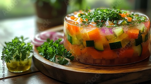 A rustic rainbow aspic dish, featuring vibrant layers of vegetables like zucchini, bell peppers, and carrots in clear jelly, photo