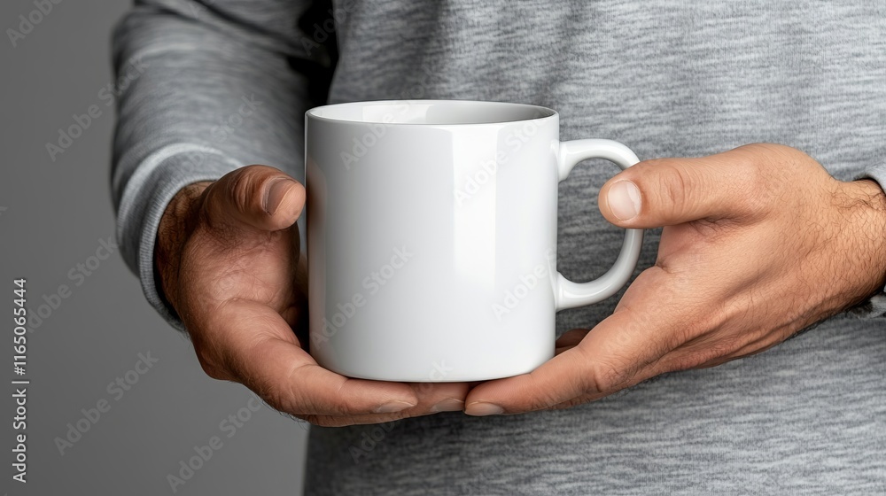 A man holding a white coffee mug in his hands A man holding a white coffee mug in his hands