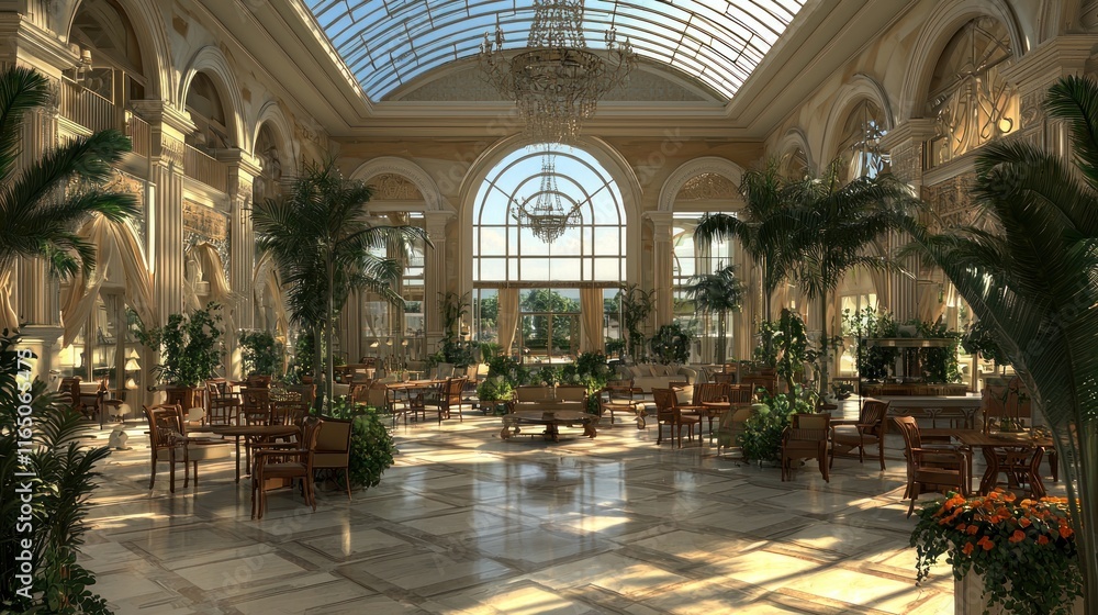 Fototapeta premium Elegant indoor space with plants and natural light for dining.