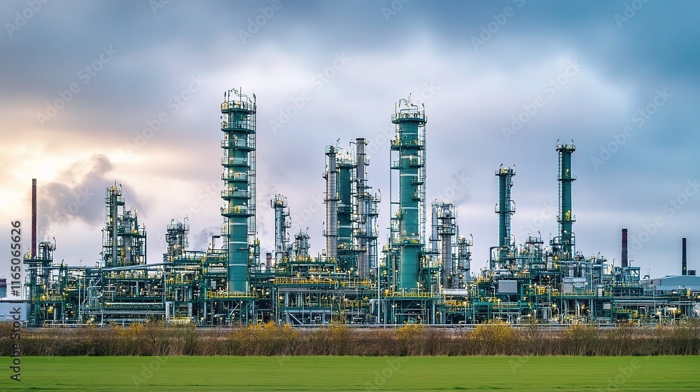 Large Industrial Plant with Numerous Pipes and Valves Against Sky Large Industrial Plant with Numerous Pipes and Valves Against Sky