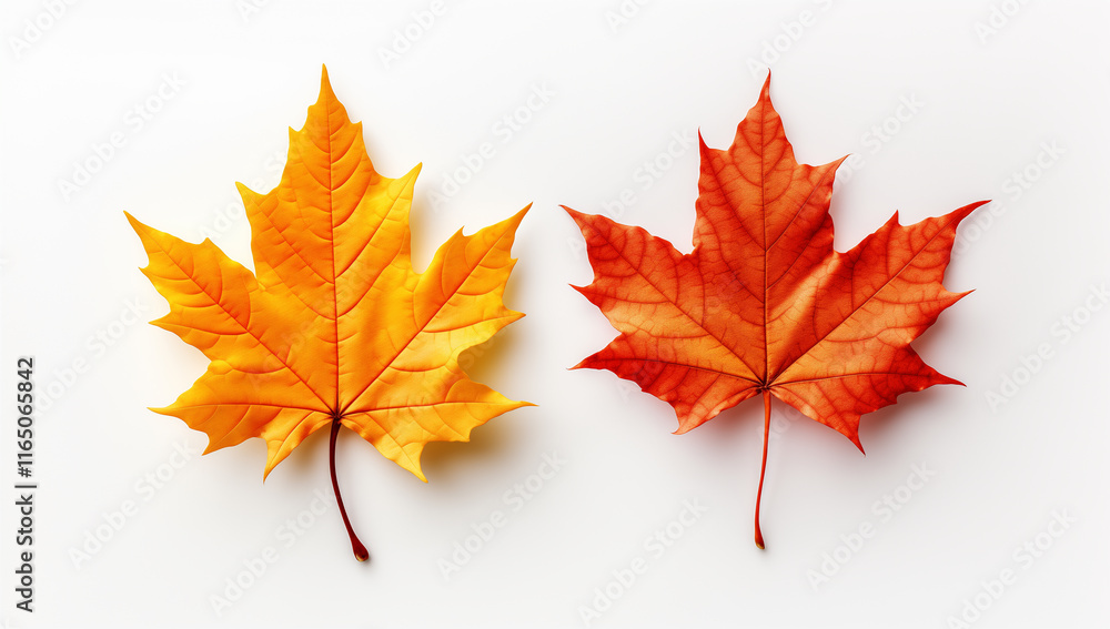 Two autumn maple leaves isolated on a white background, top view Two autumn maple leaves isolated on a white background, top view