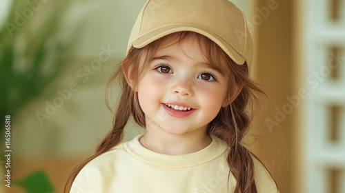 Joyful Baby in Cap: Adorable Indoor Portrait of Smiling Infant photo