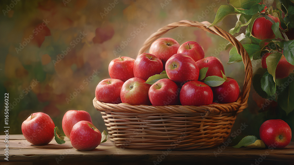 Wicker Basket of Fresh Red Apples on Rustic Wooden Table with Natural Lighting  
