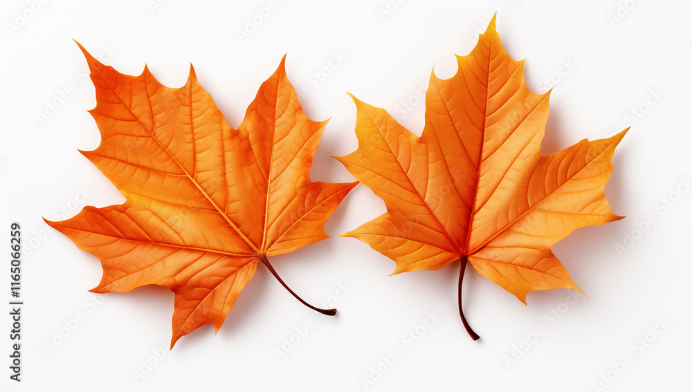 Two autumn maple leaves isolated on a white background, top view Two autumn maple leaves isolated on a white background, top view