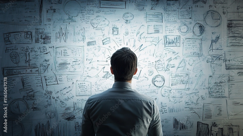 Office Worker Brainstorming Ideas on Whiteboard in Modern Workspace Office Worker Brainstorming Ideas on Whiteboard in Modern Workspace