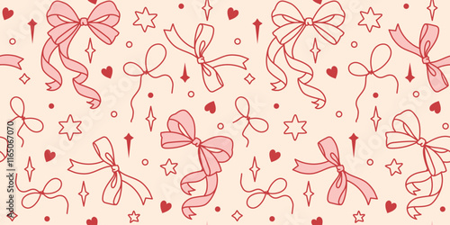 Seamless vector background. Hand drawn bow knots, gift bows and ribbons. Cream and sweet pink coquette wallpaper. Wedding endless print, party or birthday wrapping paper, fabric