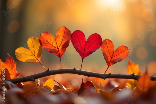 Cut love heart with colorful autumn leaves on branches on blurred natural bokeh background. photo