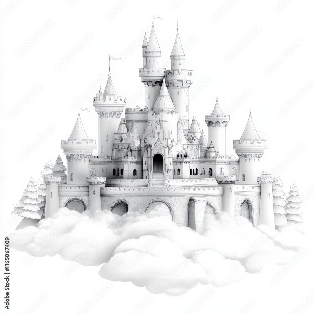 A majestic white castle sketch perched on fluffy clouds. Ideal for fantasy book covers, children's illustrations, or ethereal designs. A majestic white castle sketch perched on fluffy clouds. Ideal for fantasy book covers, children's illustrations, or ethereal designs.