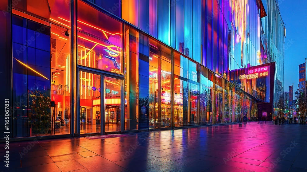 Fototapeta premium Vibrant Cityscape at Night with Neon Lights Reflecting on Surface